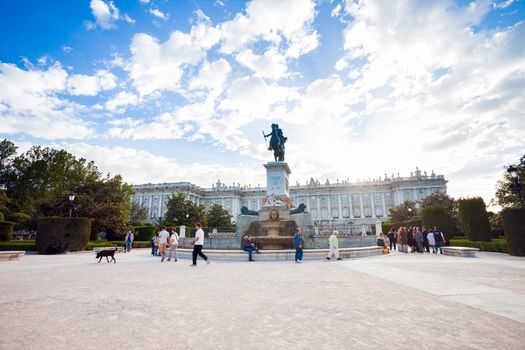 Madrid, Spain - May 10, 2012: Plaza de Oriente with tourists on a spring day in Madrid, Spain