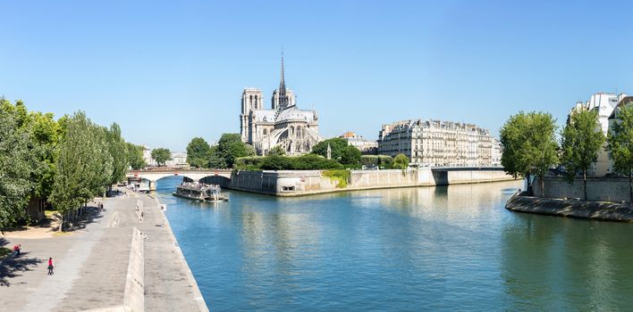Panorama of Notre Dame Cathedral with Paris cityscape, France