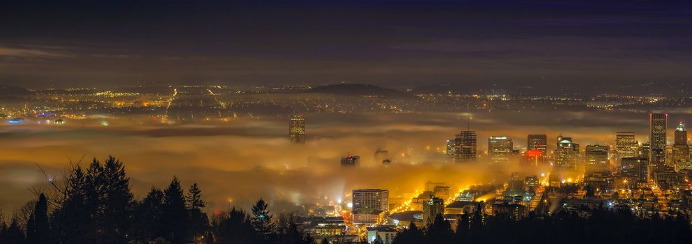 Rolling Fog Over City of Portland Oregon at Dawn
