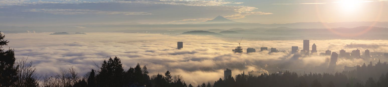 Rolling Thick Fog Over City of Portland Oregon and Mt Hood at Sunrise Panorama