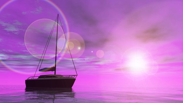 One sailing boat floating on the water by violet sunset - 3D render