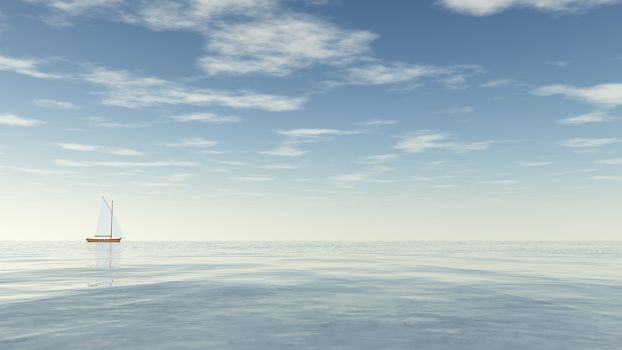One small sailing boat floating on the water by cloudy day - 3D render