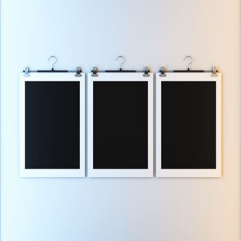 3d render illustration blank template layout of empty paper frame on hanger clips. Paint surface empty to place your photo, image, picture, text or logo.