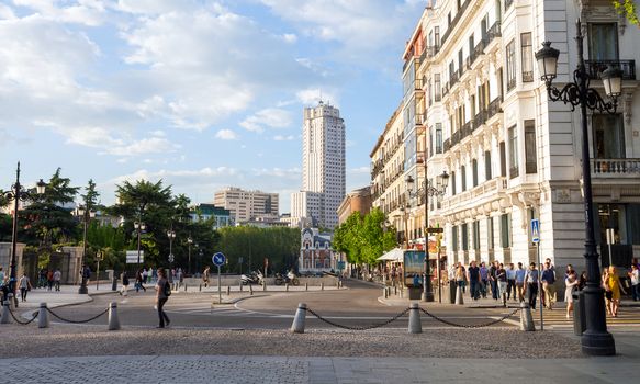 Madrid, Spain - May 6, 2012: Torre de Madrid building sunnset view from "Calle de San Quintin" street on a spring day in Madrid, Spain.