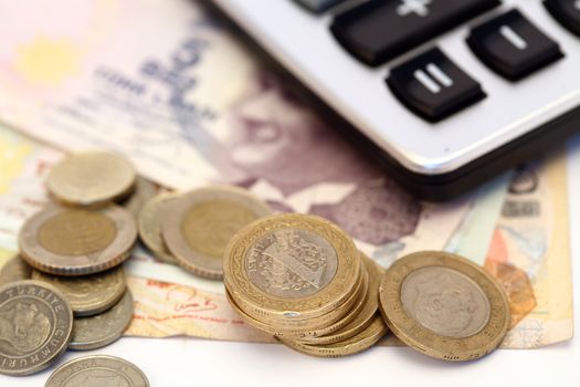 Turkish lira bills, coins and calculator close up, shallow DOF