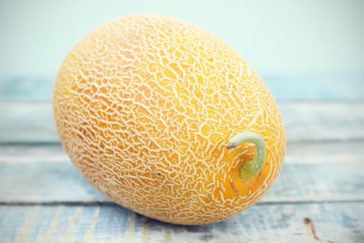 one whole fresh ripe melon on a wooden background