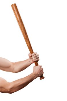 Violence and aggression concept - furious angry man muscular hand holding baseball sport bat
