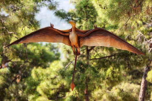Pterodactyl - prehistoric era wing dinosaur flying at forest