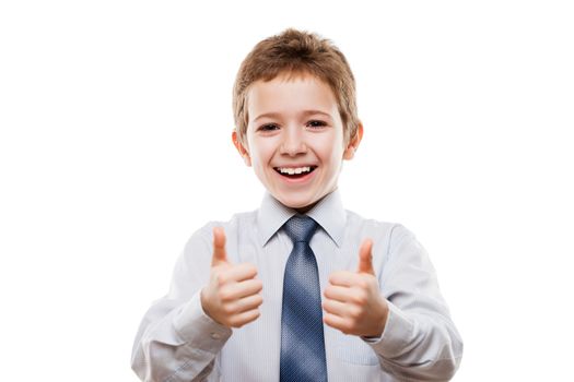 Little smiling young businessman child boy hand gesturing thumb up success sign white isolated