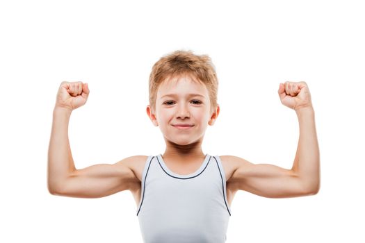 Beauty smiling sport child boy showing his hand biceps muscles strength white isolated