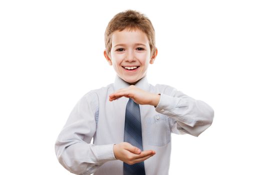 Beauty smiling child boy gesturing hand holding large size invisible sphere or globe white isolated