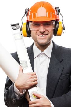 Businessman in black suit and safety hardhat helmet hand holding paper drawings plan and engineer tools white isolated
