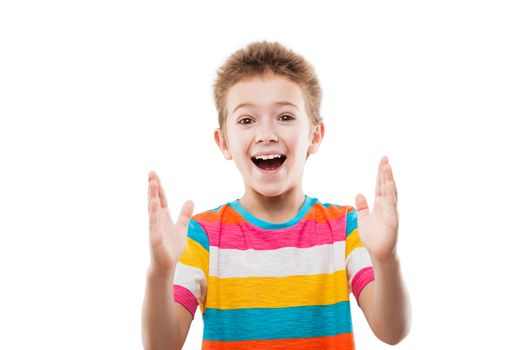Beauty smiling amazed or surprised child boy gesturing hand showing large size white isolated