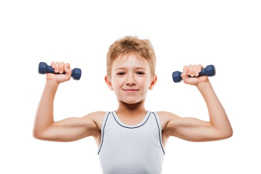 Beauty smiling sport child boy with strong biceps muscles hand holding exercising fitness dumbbell weights white isolated