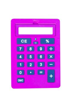 pink calculator isolated on white background with white space on the screen