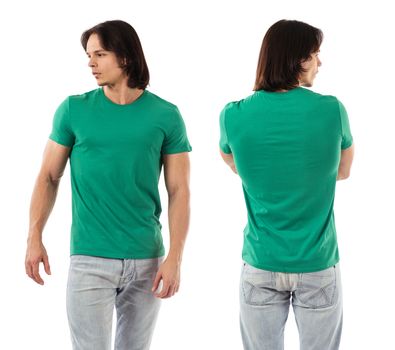 Photo of a man wearing blank green t-shirt, front and back. Ready for your design or artwork.