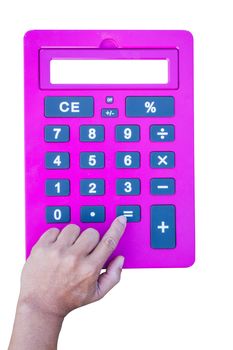 pink calculator isolated on white background with white space on the screen, hand pushing equal button, with white space on the screen