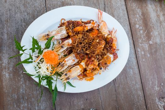 Tasty dish with boiled king shrimp