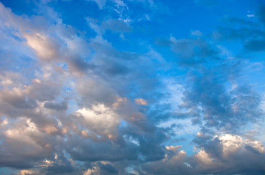 Blue sky with lots of white and gray clouds