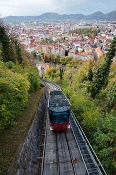 Red funicular in Graz, Austria