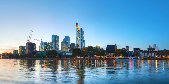 Panoramic overview of Frankfurt am Main cityscape in the evening