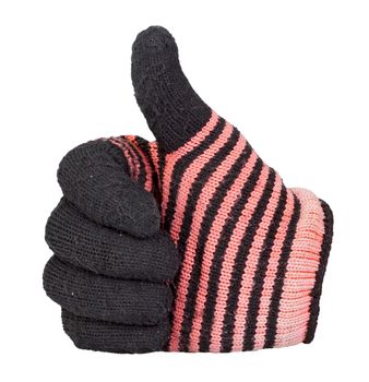 Thumb up showing by hand with black and red knitting wool glove isolated on white background