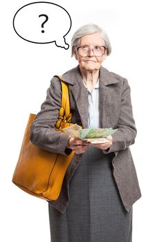 Senior lady counting money, with thought bubble over white background