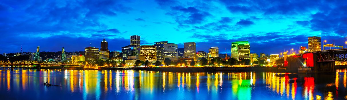 Downtown Portland, Oregon cityscape panorama at the night time