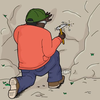 Cartoon of male African geologist collecting rock samples