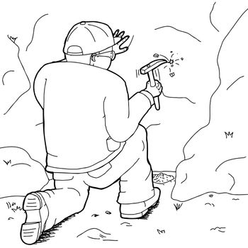 Outline cartoon of geologist with rock hammer collecting specimens