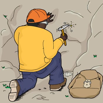 Black geologist using rock hammer to chisel rock samples