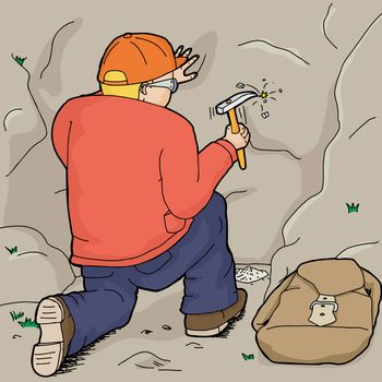 Cartoon of kneeling geologist using rock hammer