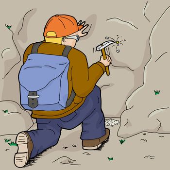 European geologist with backpack using rock hammer