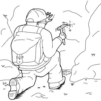 Outline of male geologist with backpack and rock hammer