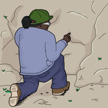 Cartoon of kneeling Indian female explorer touching rock