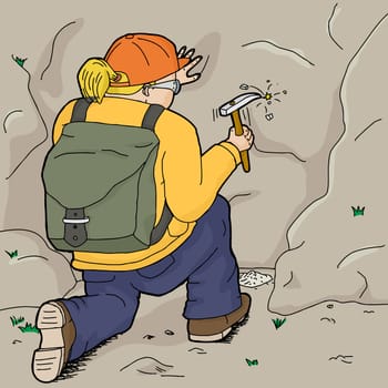 Blond female geologist with backpack using chisel