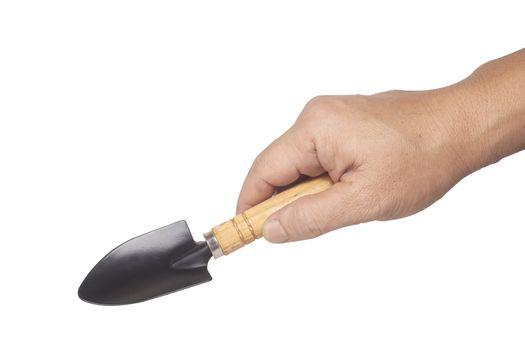 Shovel in hand isolated on white background