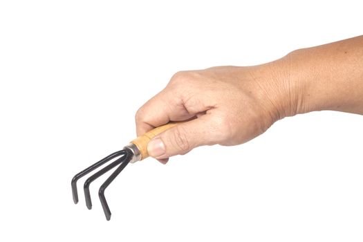 gardening fork trowel lute in hand isolated on 
white background
