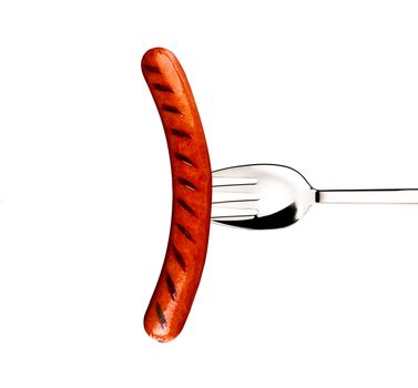 Pork sausage with fork isolated on a white background