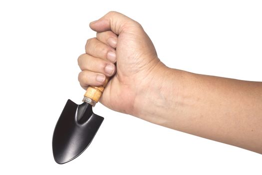 Shovel in hand isolated on white background