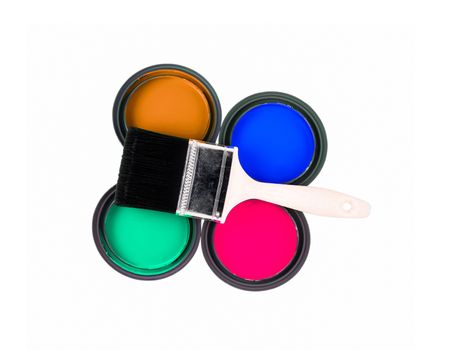 four colorful paint cans with paintbrush