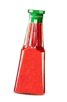 Glass bottle of ketchup isolated on white