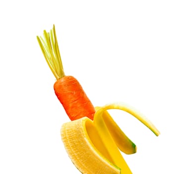 Carrot inside of banana isolated on white