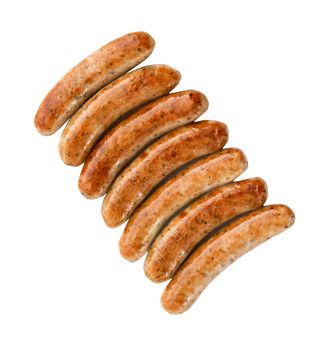 Roasted sausages on white background