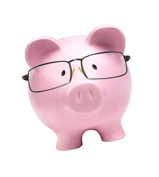 piggy bank with glasses in isolated white background