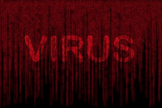 red matrix background, with motion blur, isolated on black background, with word VIRUS