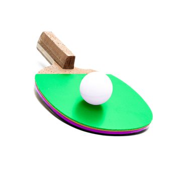 Table tennis racket and ball isolated on white background