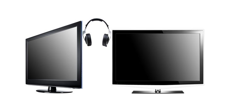 two LCD high definition flat screen TV with headphone isolated on white