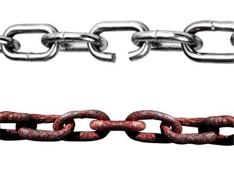 old and new chains isolated on white background