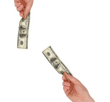 A man's hand holding a one hundred dollar bill